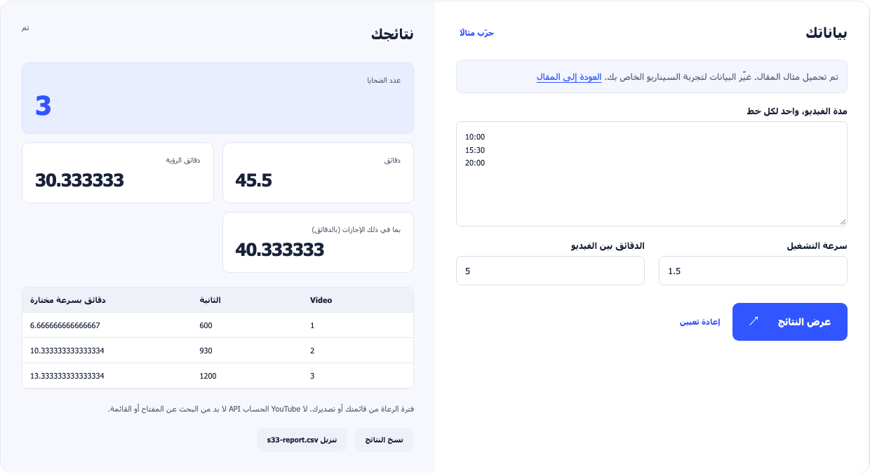 حاسبة اللاعبين مع ثلاث مرات، سرعة العزف 1.5 و خمس دقائق إستراحة.