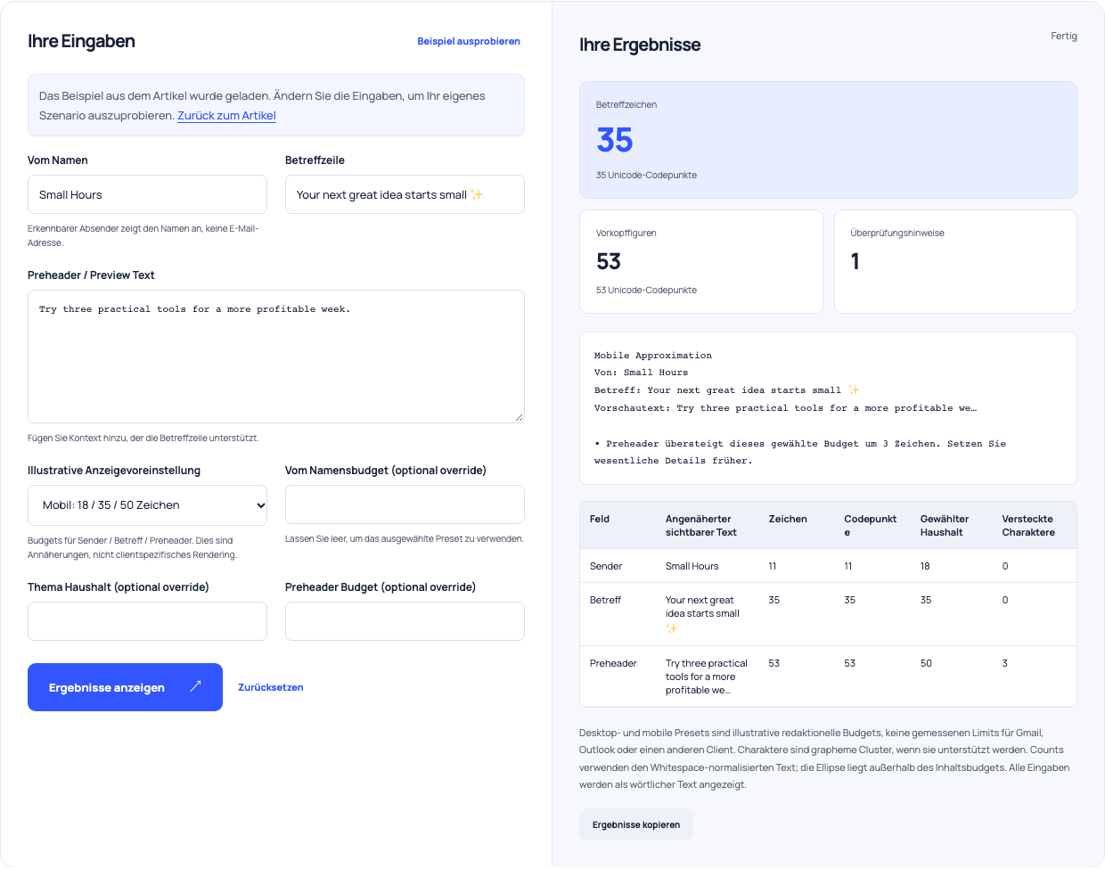 Betreff- und Preheader-Vorschau zeigt die illustrativen mobilen Budgets und den abgeschnittenen Text.