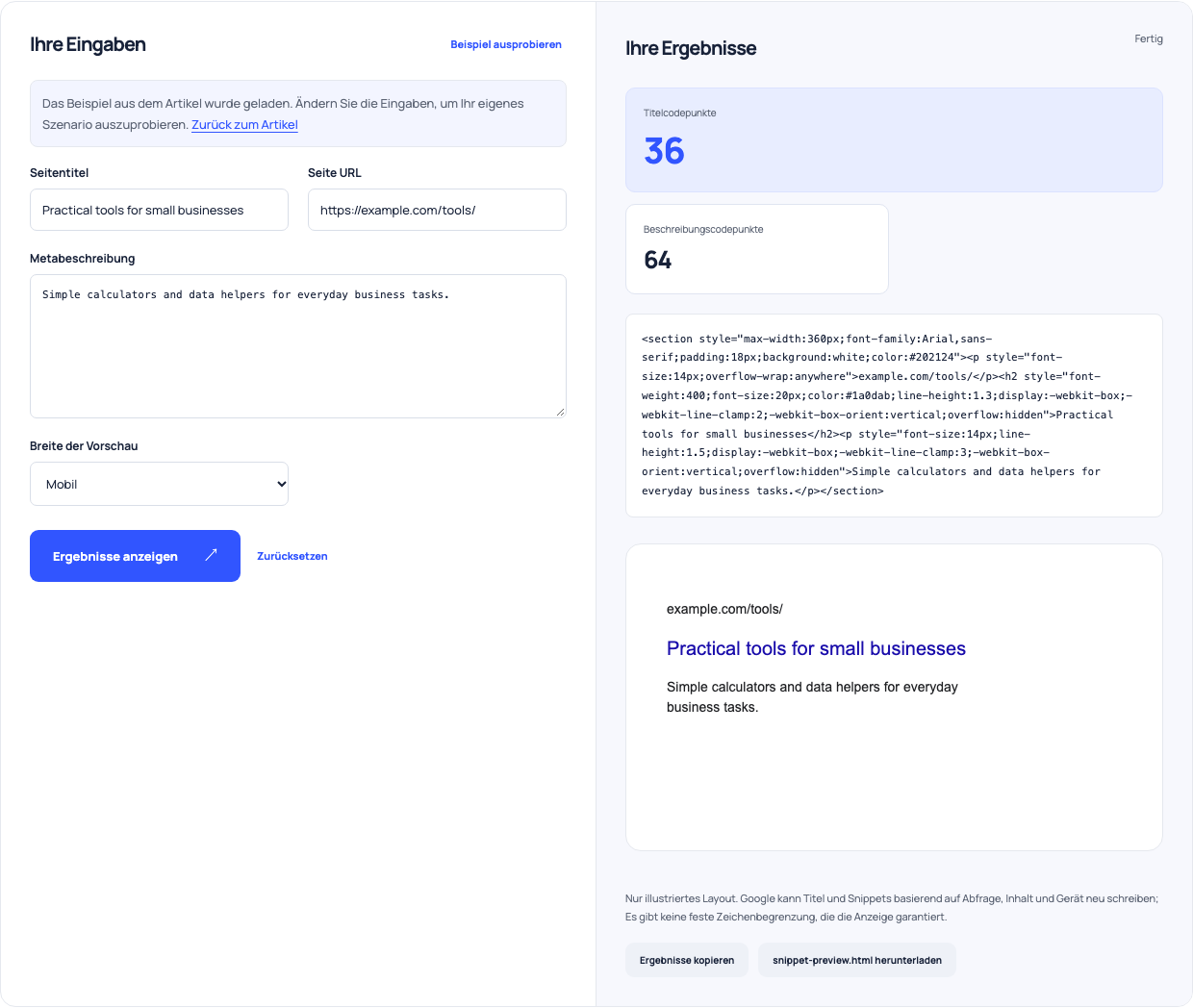 Illustrative mobile Such-Snippet mit einem fiktiven Tools Seite Titel, URL und Beschreibung.