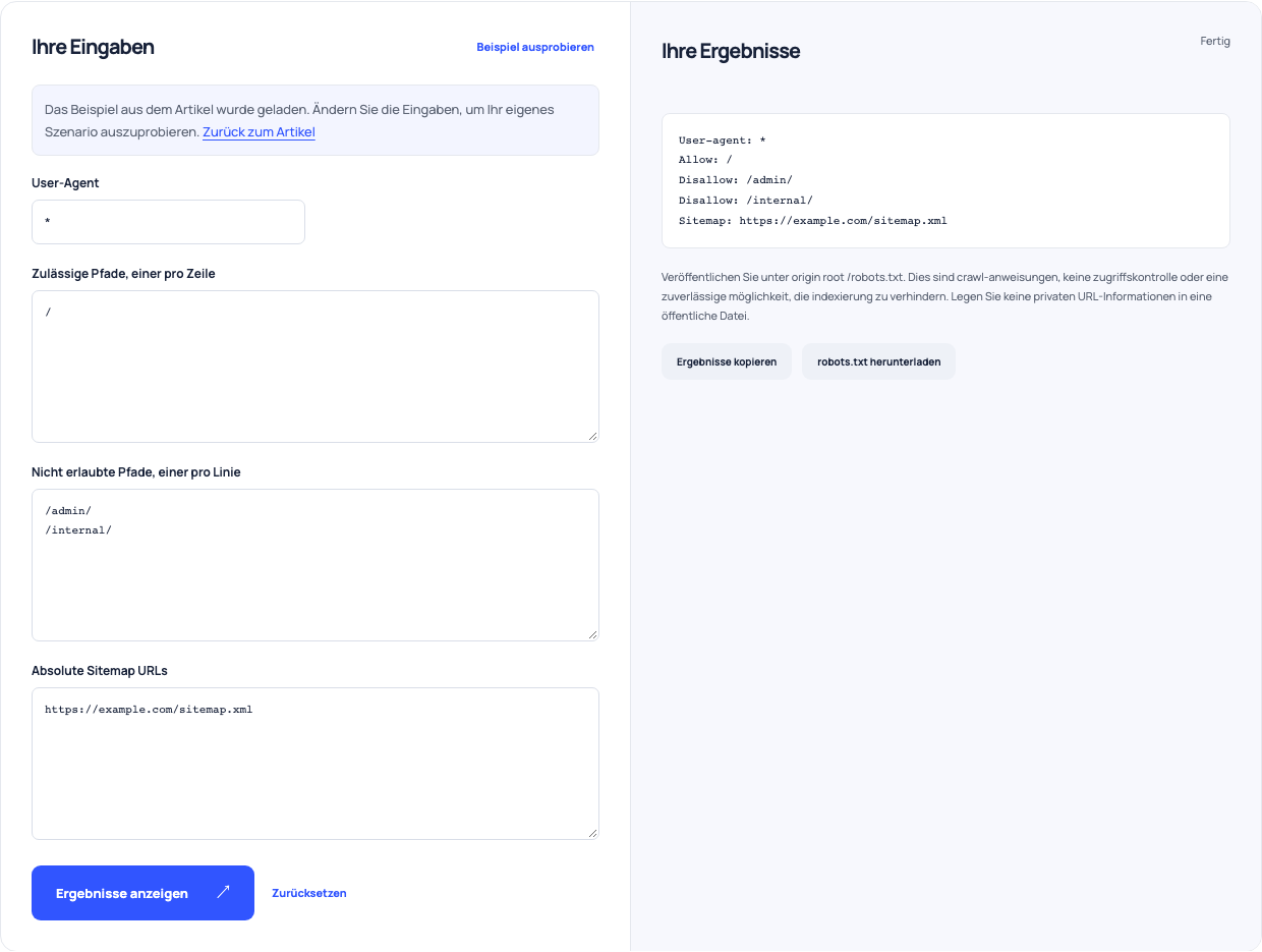 Robotergenerator mit einer Platzhaltergruppe, zwei nicht erlaubten Pfaden und einer Sitemap-Deklaration.