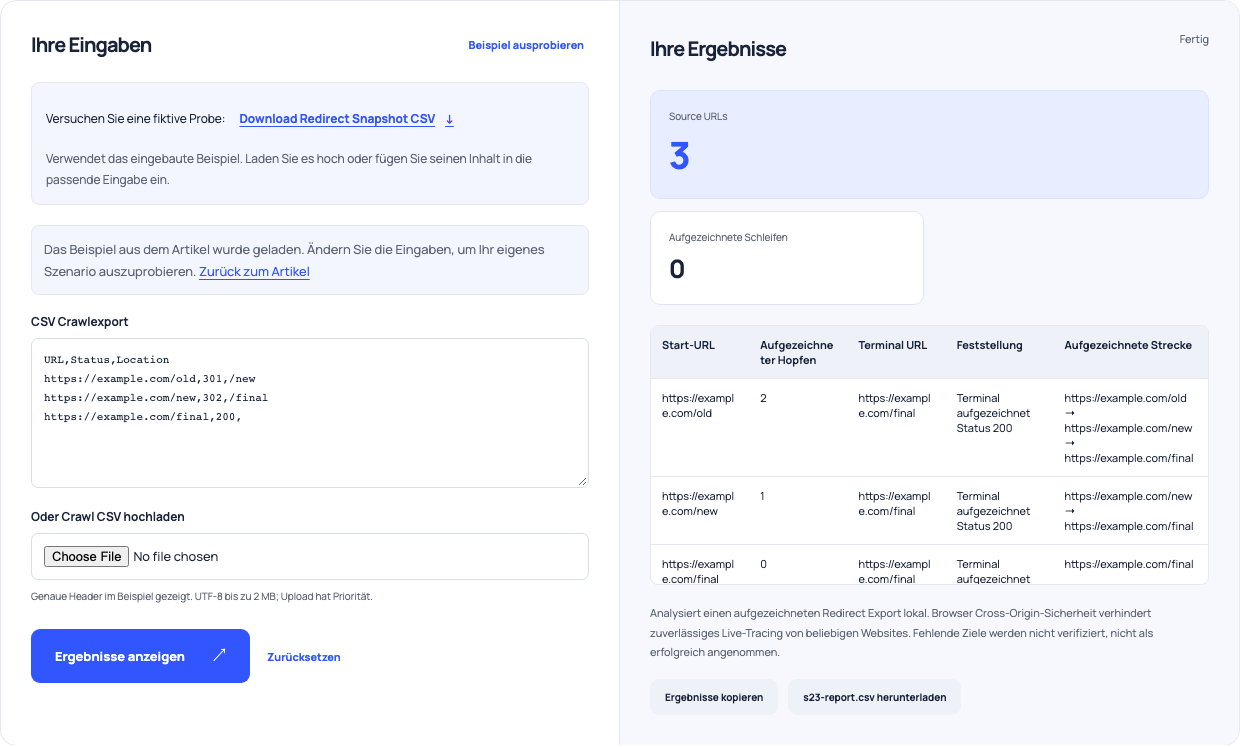 Redirect Snapshot Checker Tracing einer fiktiven 301 dann 302 Kette zu einer aufgezeichneten 200 Antwort.