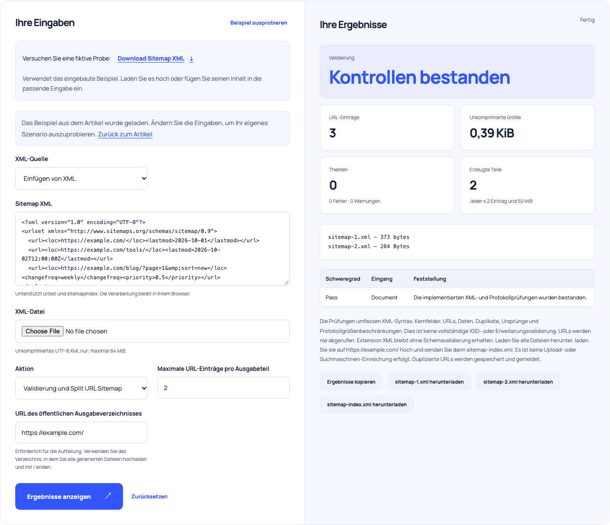Sitemap-Splitter mit drei URLs, die in zwei Teile aufgeteilt sind, und einem herunterladbaren Index.