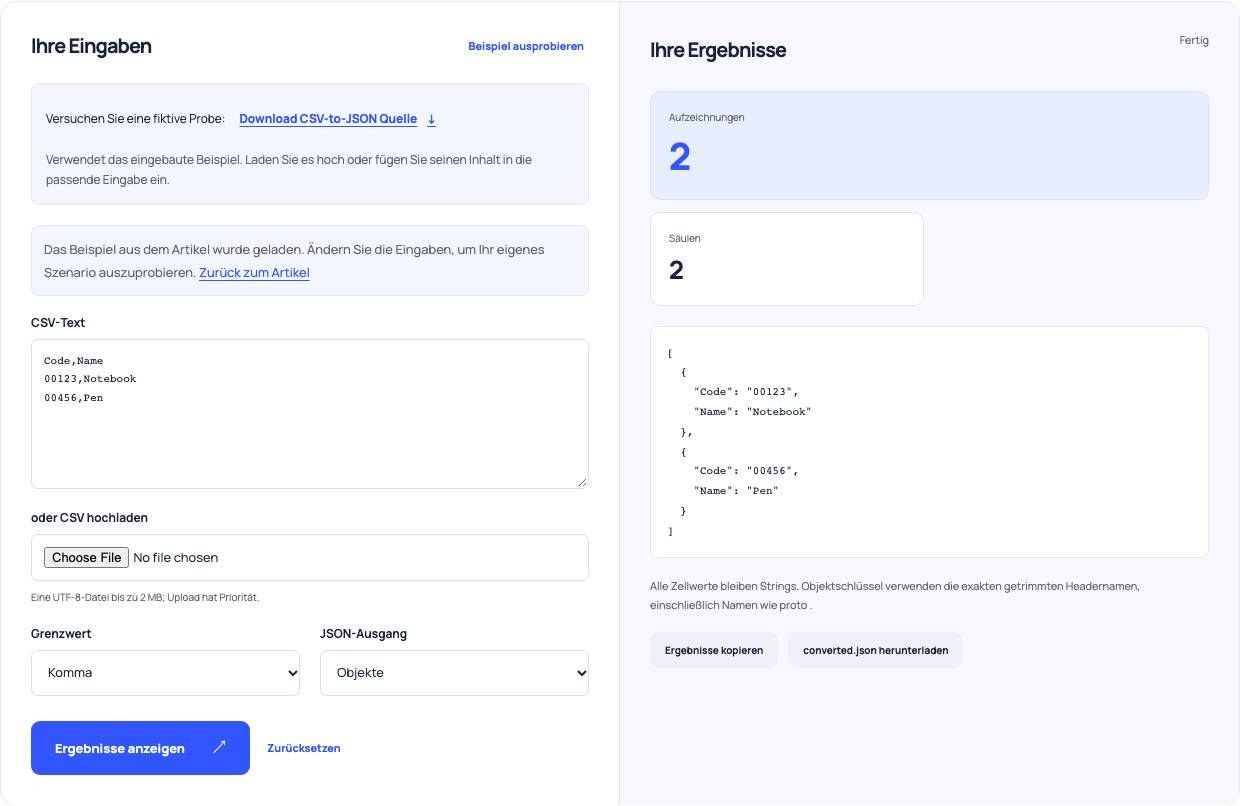 CSV-zu-JSON-Konverter mit zwei Produktdatensätzen mit zitierten Null-Kennungen.