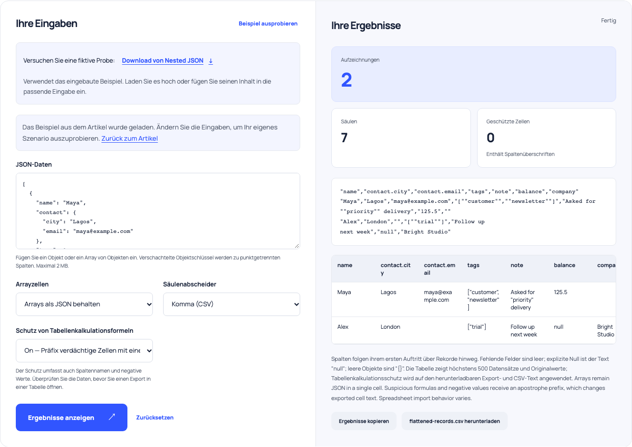 JSON-zu-CSV-Abflachung mit Kontaktspalten und serialisierten Arrays.