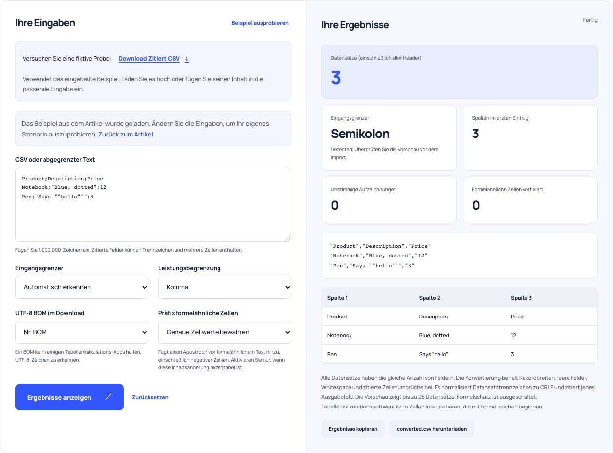 CSV-Konverter, der einen Semikolon-Export mit zitierten Kommas in drei Spalten analysiert.