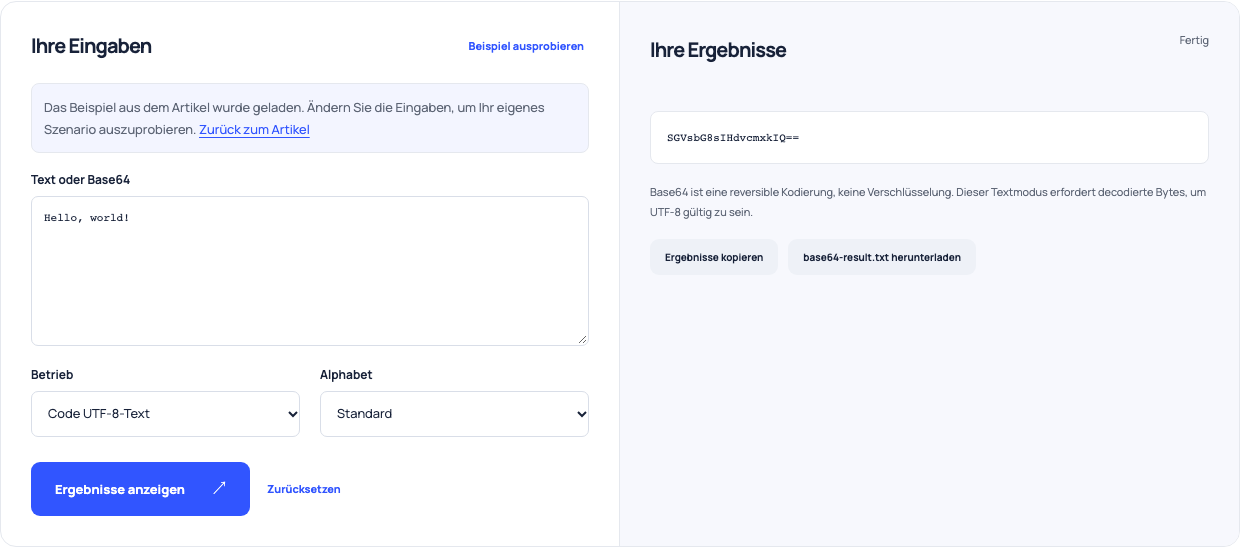 Base64 Encoder verwandelt den fiktiven Hello, world!-Text in Standard Base64.