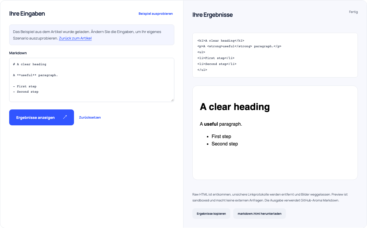 Markdown-Konverter zeigt Quelle, generiertes HTML und eine sandboxed gerenderte Überschrift, Absatz und Liste.