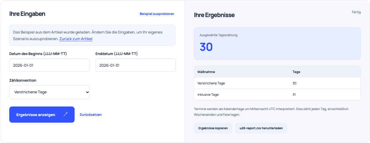 Datumsintervallrechner zeigt den 1. Januar bis 31. Januar als 30 verstrichene Tage und 31 inklusive Tage an.