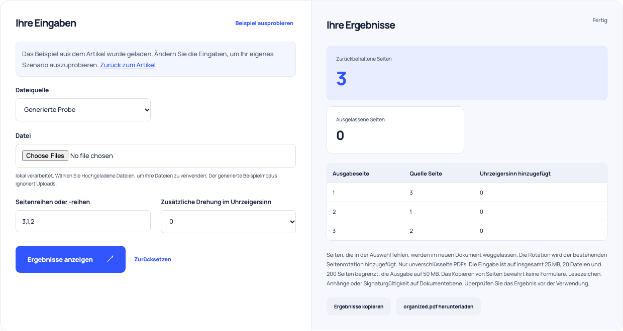 PDF-Organisator, der ein generiertes dreiseitiges Dokument in die Ausgabereihenfolge 3, 1, 2 abbildet.