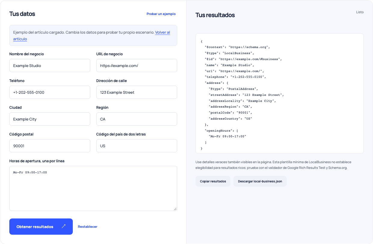Generador de negocios local creando un objeto de negocios ficticio con un PostalAddress y horas de semana.