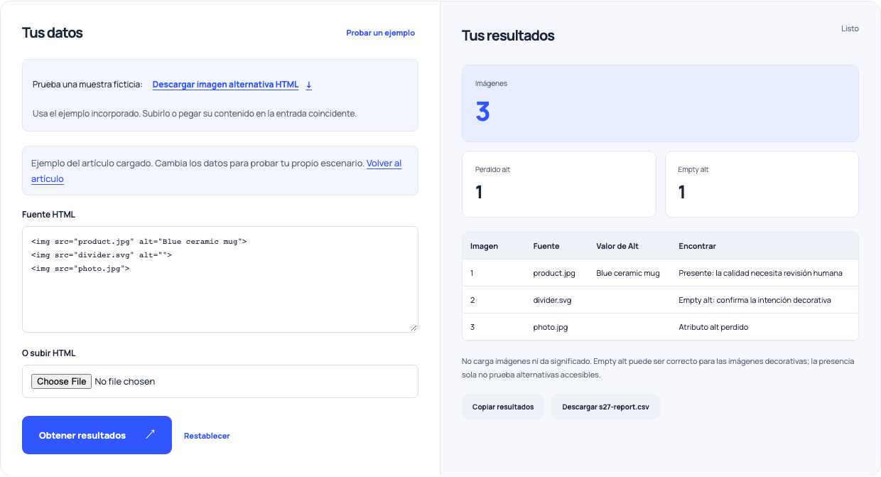 Auditoría de imagen HTML mostrando una alternativa presente, una alternativa vacía y un atributo alt perdido.