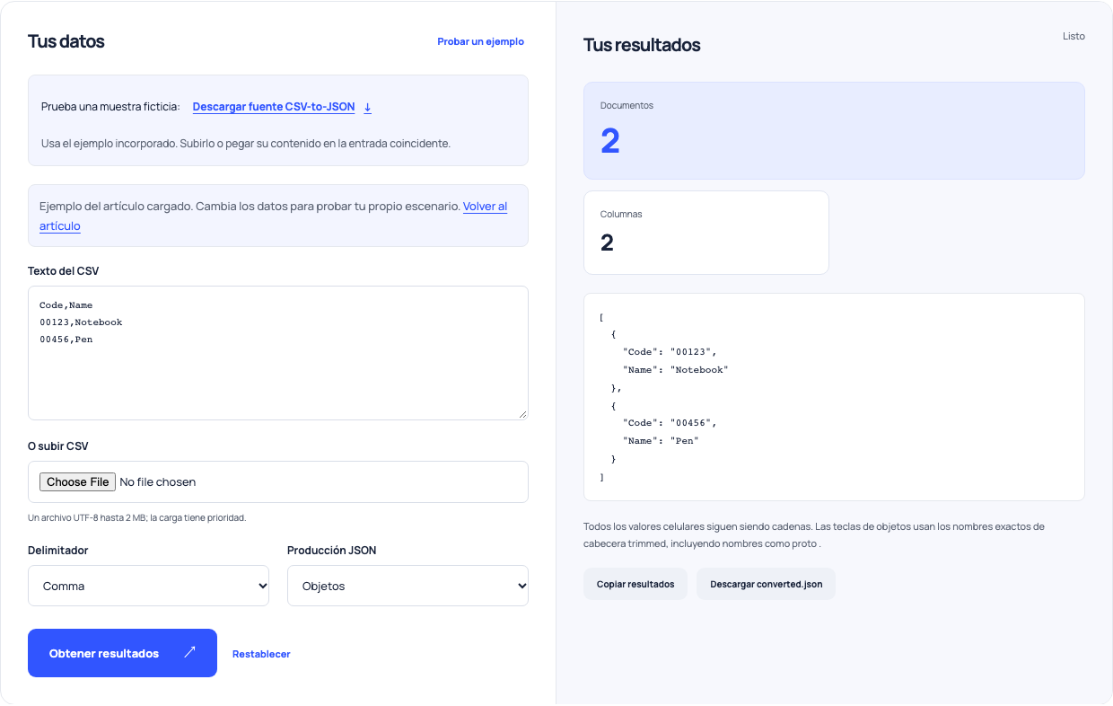 CSV-to-JSON convertidor que muestra dos registros de productos con identificadores líderes citados.
