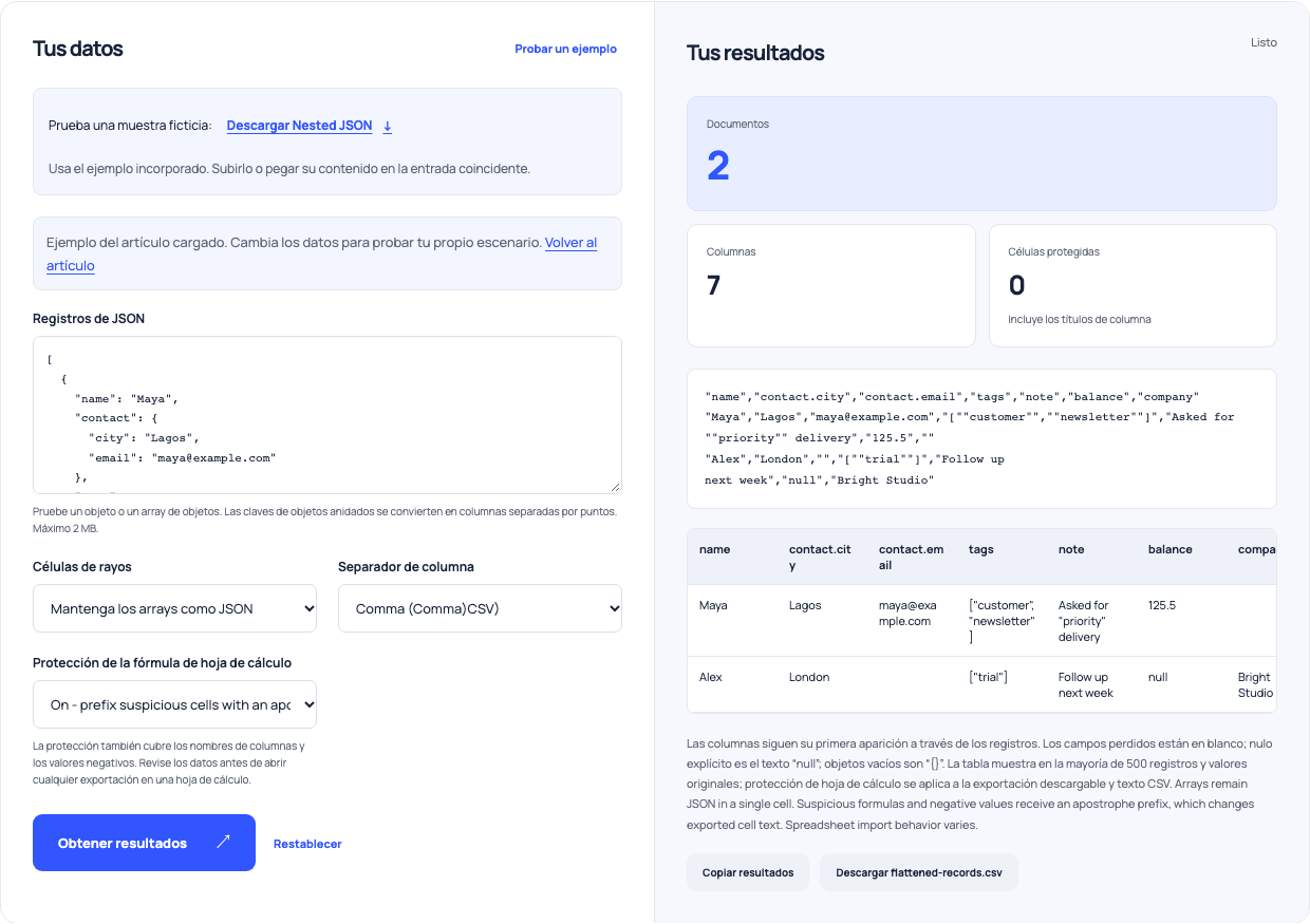 JSON-to-CSV flattener mostrando columnas de contacto y arrays serializados.