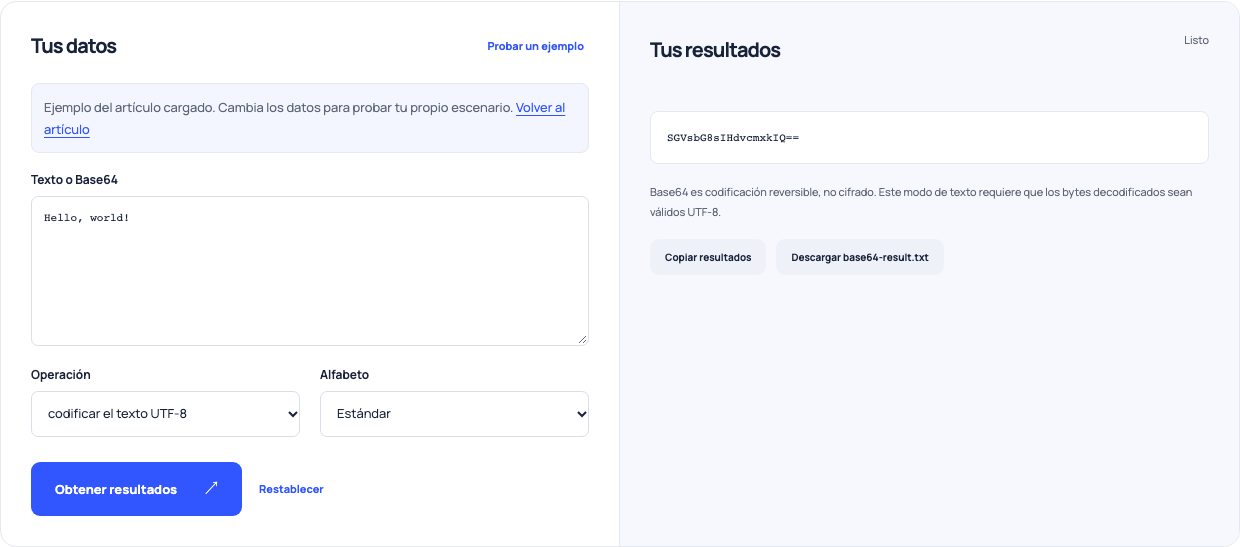 Base64 encoder transformando el texto ficticio Hola, mundo! en Base64 estándar.