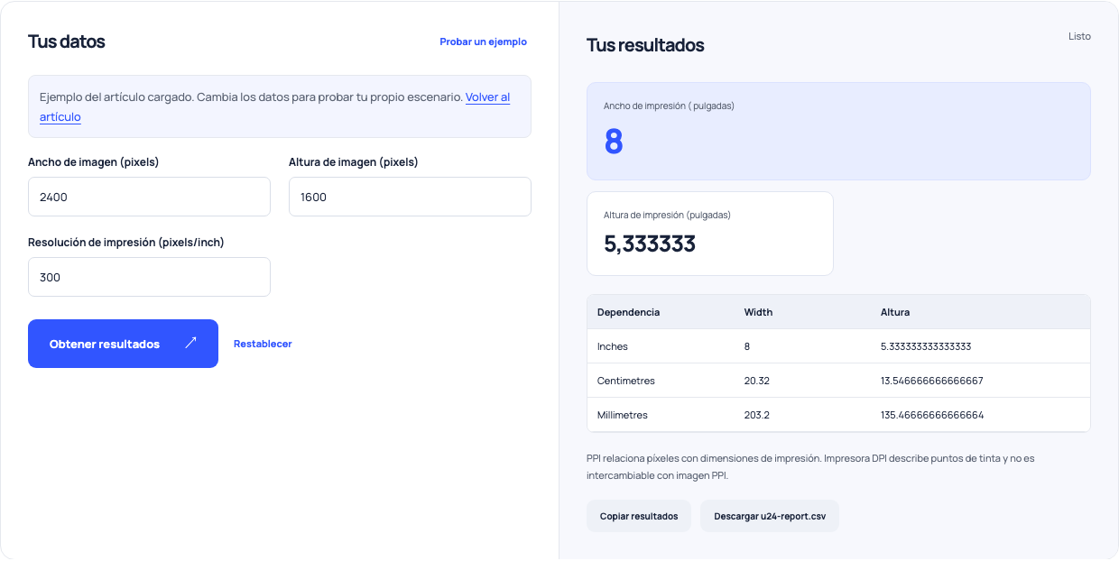 Calculadora de impresión 2400 por 1600 píxeles a 300 PPI en pulgadas y dimensiones métricas.