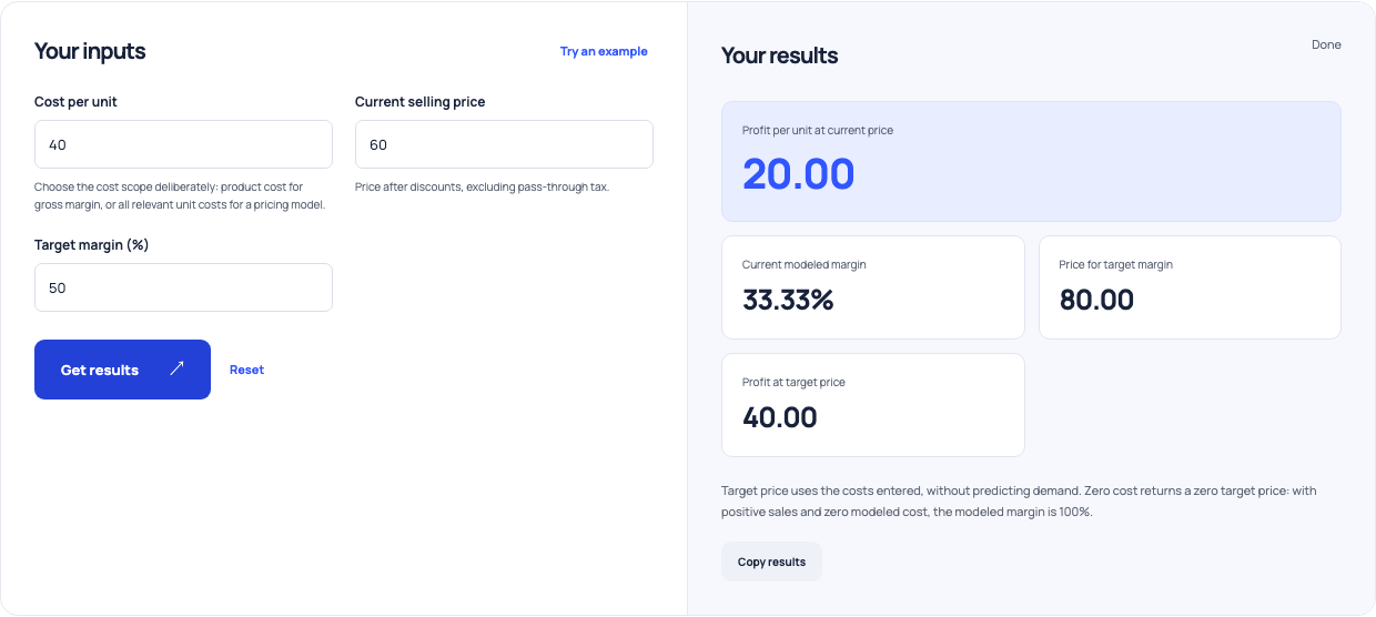 Margin calculator with cost 40, price 60 and target margin 50%, returning a required price of 80.