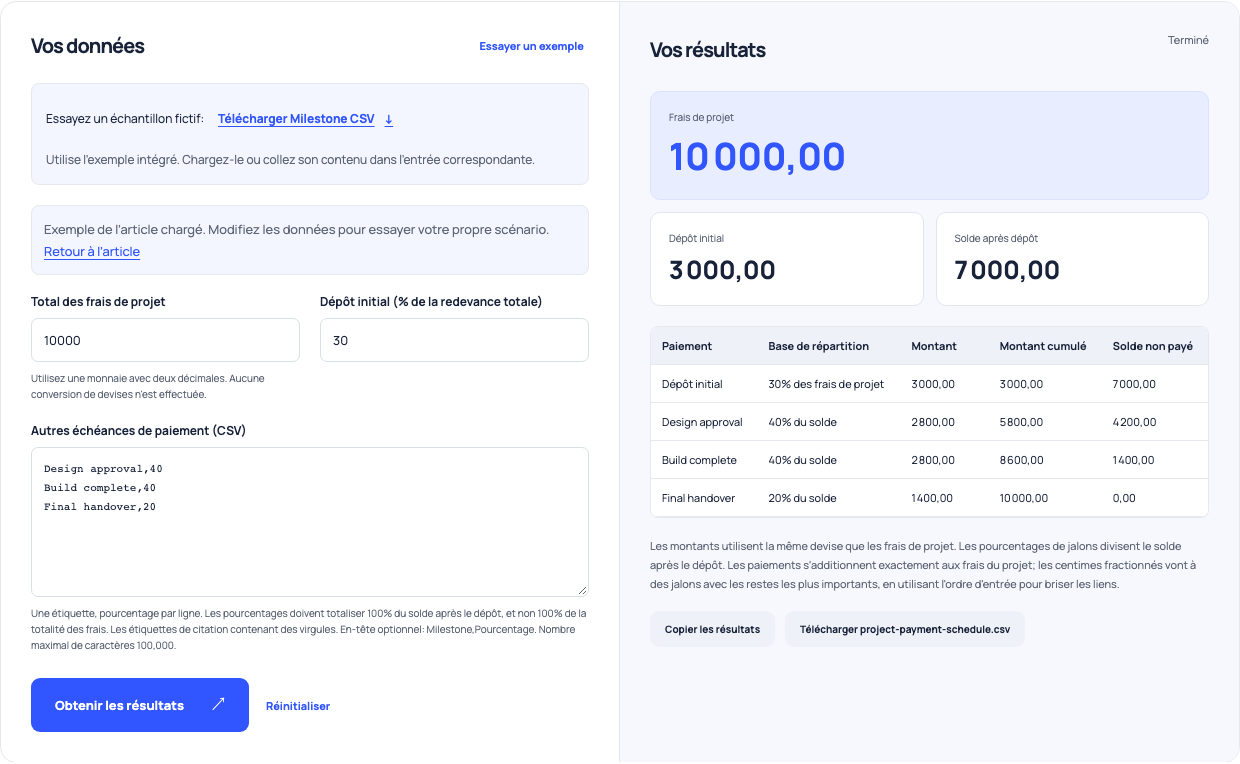 Calculateur de jalons répartissant les frais 10,000 dans un dépôt 3,000 et les paiements de 2,800, 2,800 ou 1,400.