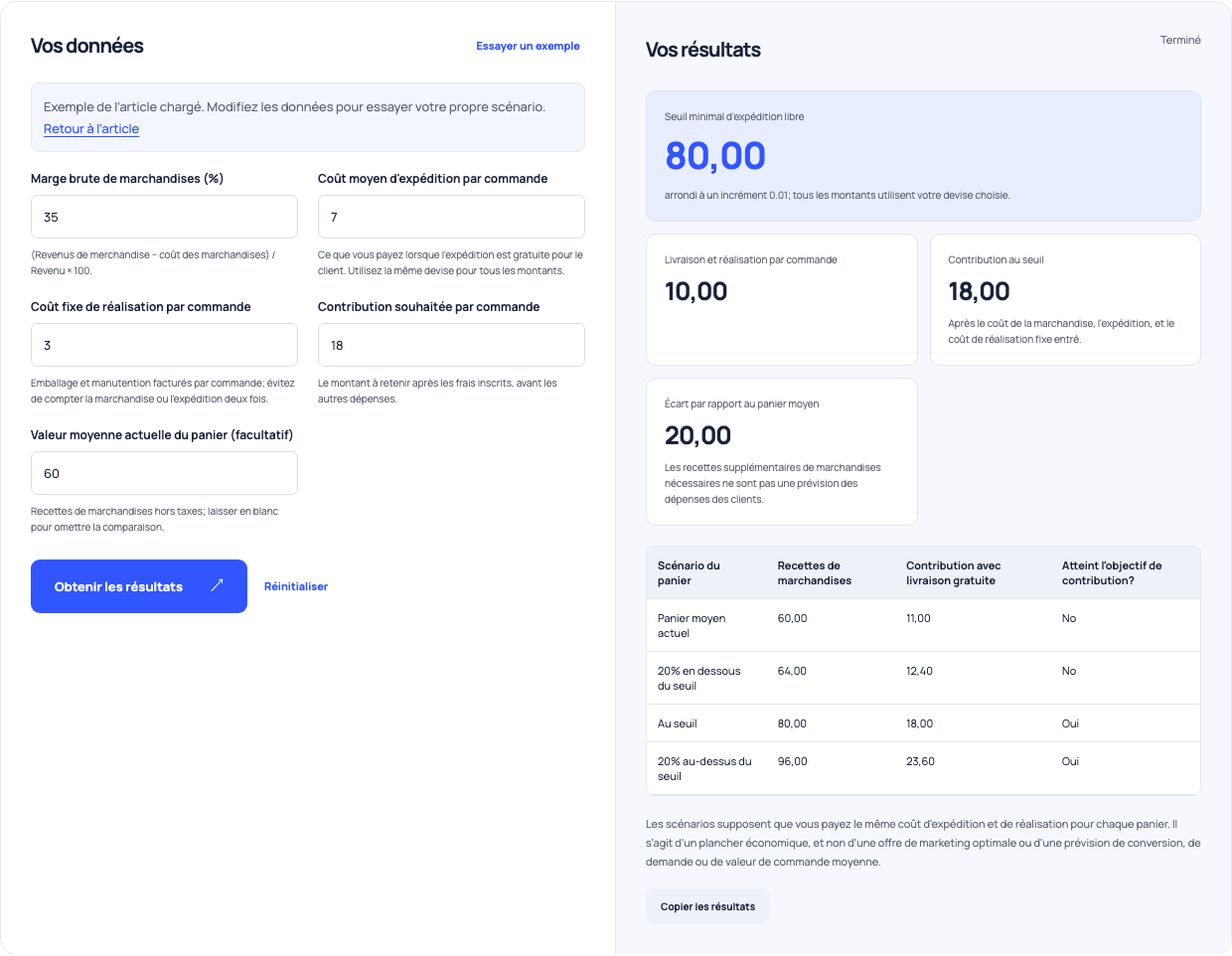 Calculateur d'expédition libre utilisant la marge 35%, coûte 7 et 3 et la contribution souhaitée 18, retournant un seuil de 80.