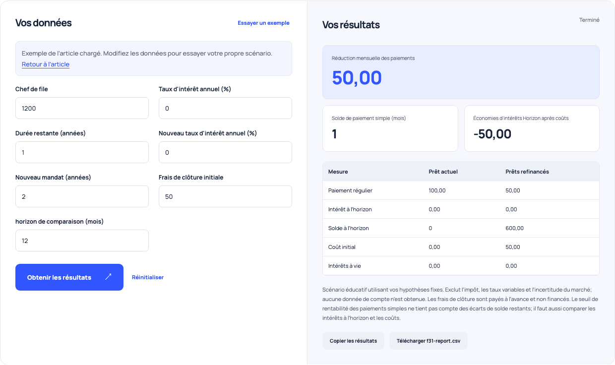 Comparaison de refinancement montrant 100 contre 50 paiements mensuels, mais zéro contre 600 soldes après 12 mois et un coût initial de 50.