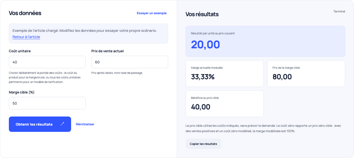 Calculateur de marge avec coût 40, prix 60 et marge cible 50%, retour d'un prix requis de 80.