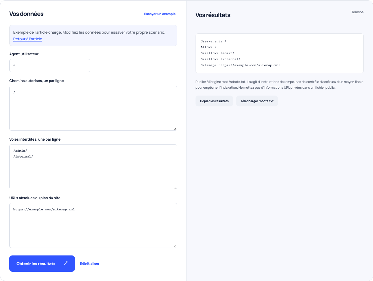 Générateur de robots avec un groupe wildcard, deux chemins refusés et une déclaration de sitemap.