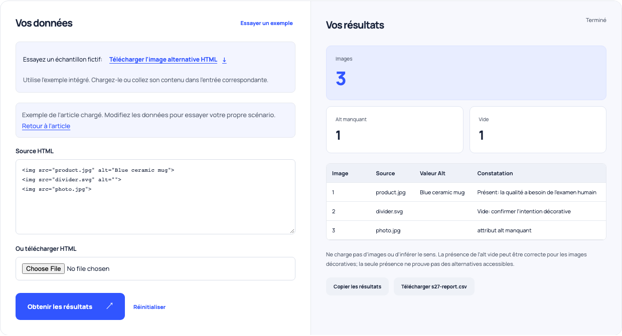 Audit d'image HTML montrant une alternative présente, une alternative vide et un attribut alt manquant.