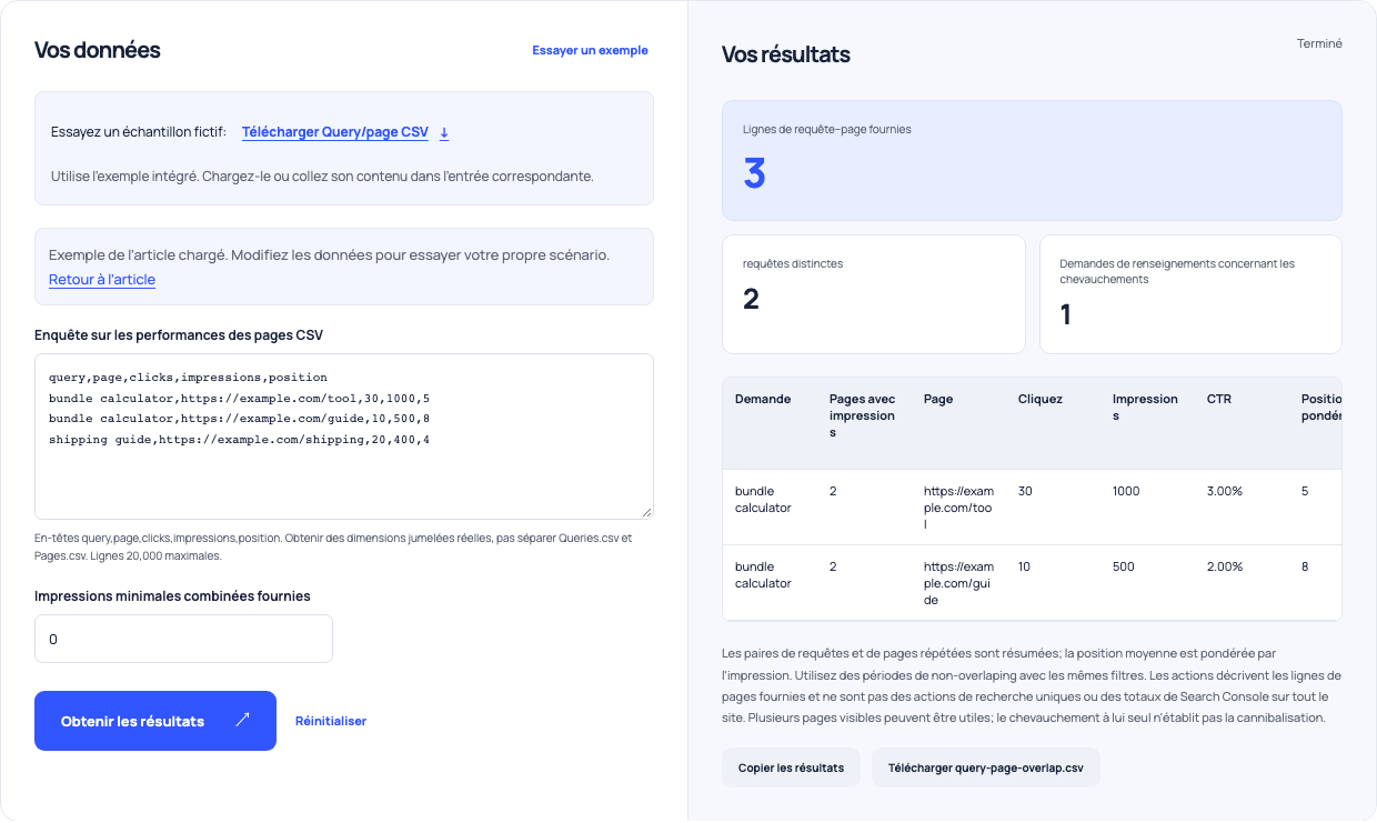 Analyseur de chevauchement des requêtes montrant l'exemple de requête de calcul de faisceau partagé par deux pages.