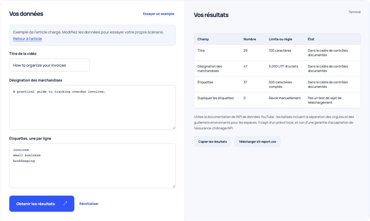 Vérification des métadonnées YouTube montrant le titre, la description UTF-8 et le nombre d'agrégats pour le tutoriel de facture fictif.