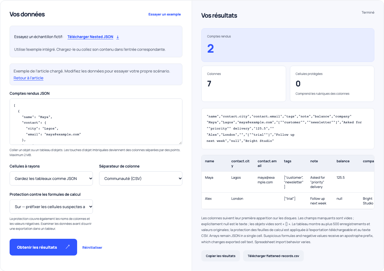 JSON-to-CSV aplatisseur montrant des colonnes de contact et des tableaux sérialisés.