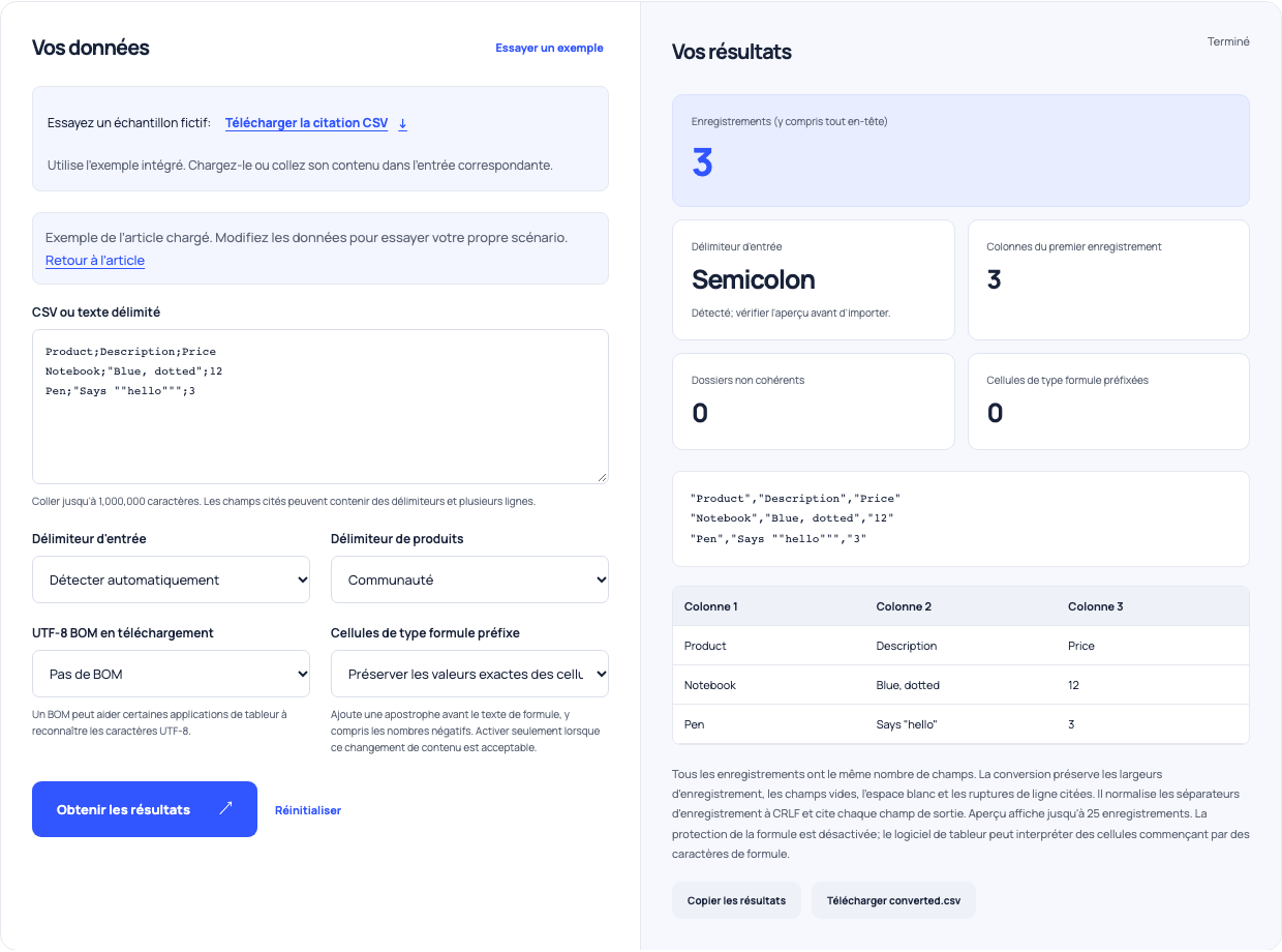 Convertisseur CSV permettant d'analyser une exportation de point-virgule avec des virgules citées en trois colonnes.