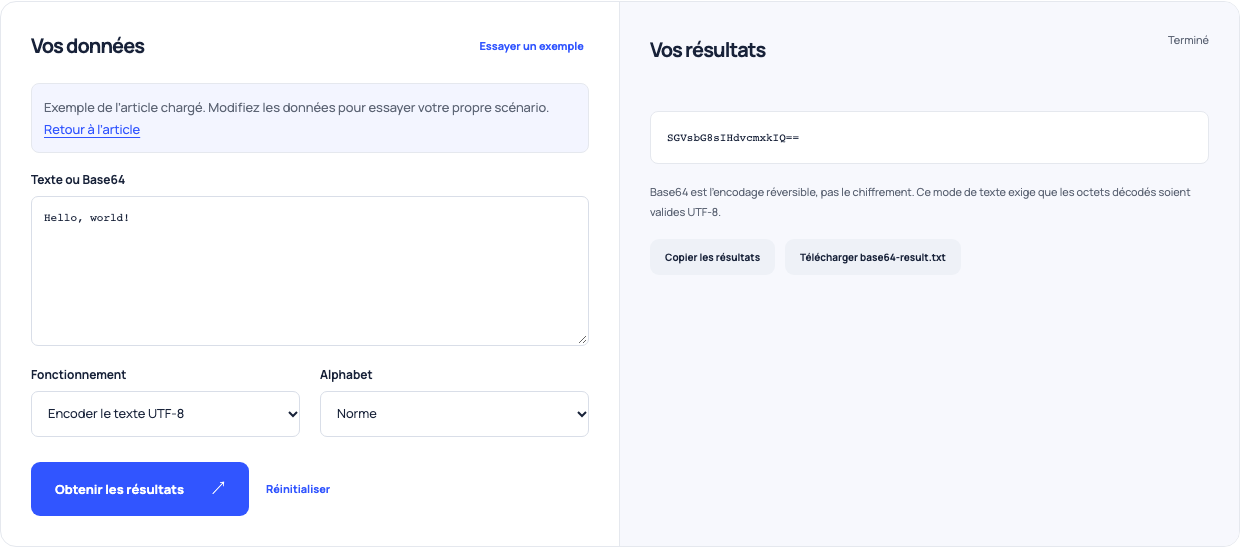 Encodeur Base64 transformant le texte fictif Bonjour, monde! en texte standard Base64.