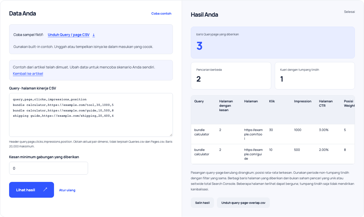 Query overlap analyzer menampilkan contoh pencarian bundle- kalkulator yang dibagikan oleh dua halaman.