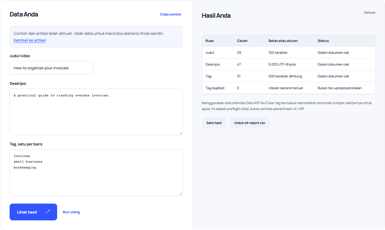 YouTube metadata checker menampilkan judul, deskripsi UTF-8 dan kumpulan tag dihitung untuk tutorial faktur fiksi.