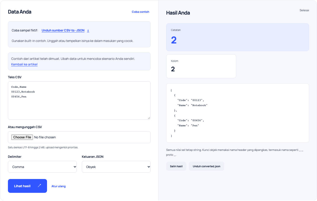 CSV-to -JSON konverter menampilkan dua catatan produk dengan leading -nol identifikasi dikutip.