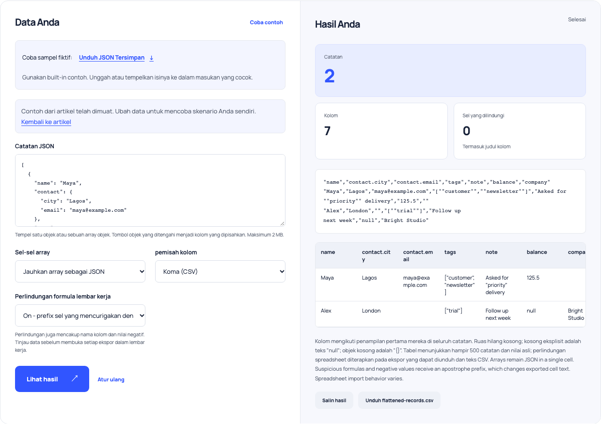 JSON- to -CSV flattener menampilkan kolom kontak dan array serial.