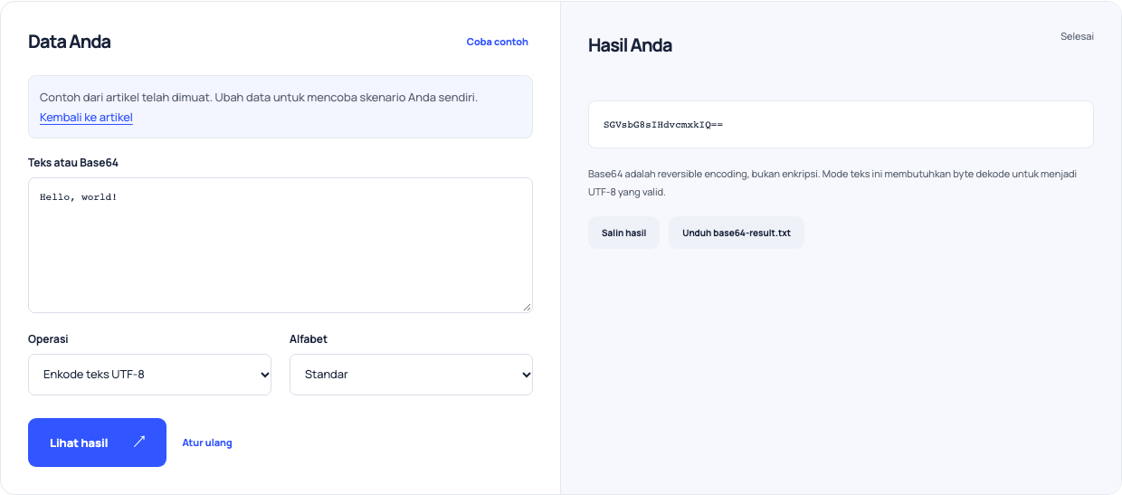 Base64 encoder mengubah fiksi Hello, dunia! teks ke standar Base64.
