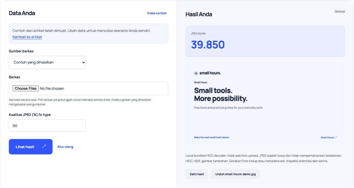 HEIC converter decoding the bundled Small Hours ilustrasi dan menghasilkan JPEG preview.