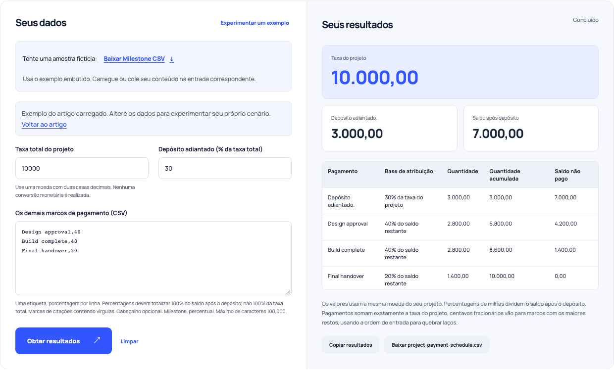 Calculadora Milestone alocando uma taxa 10,000 em um depósito 3,000 e pagamentos de 2,800, 2,800 E 1,400.