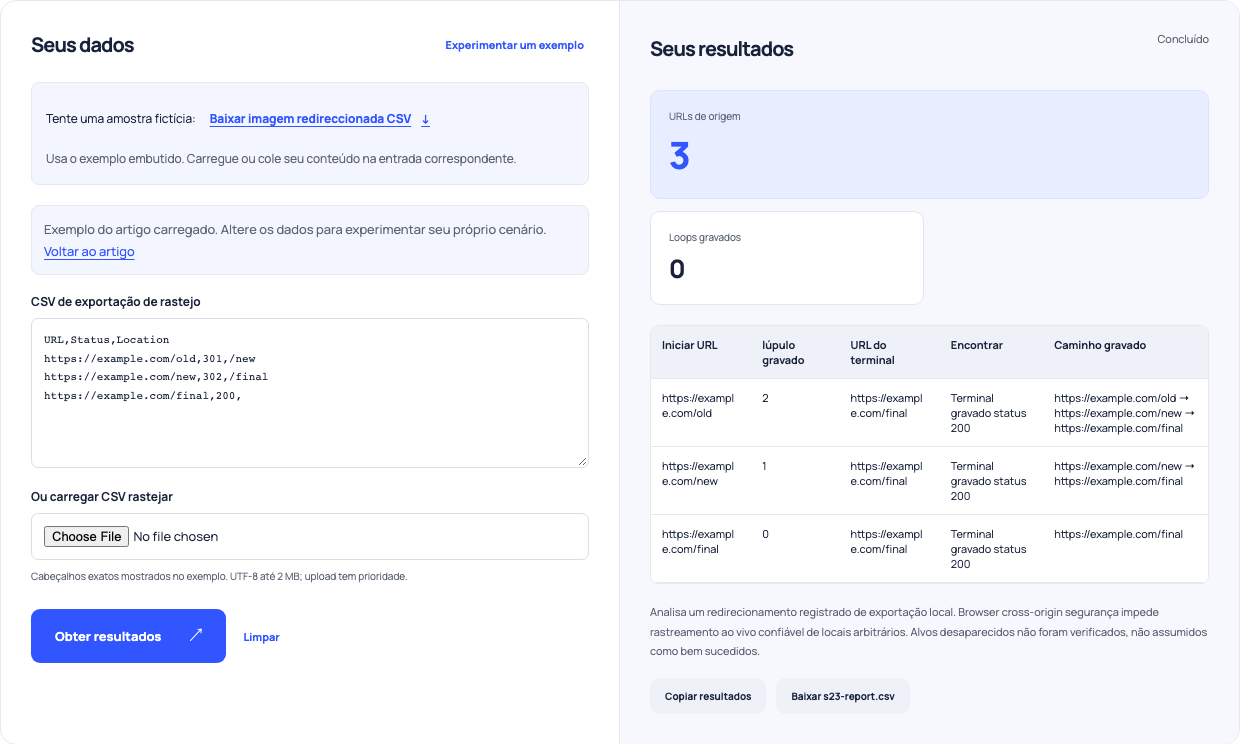 Redirecionar o verificador de instantâneos rastreando uma cadeia fictícia 301 e 302 para uma resposta registrada de 200.