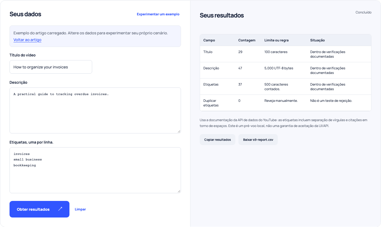 Verificador de metadados do YouTube mostrando título, descrição UTF-8 e contagem de tags agregadas para o tutorial de fatura fictícia.