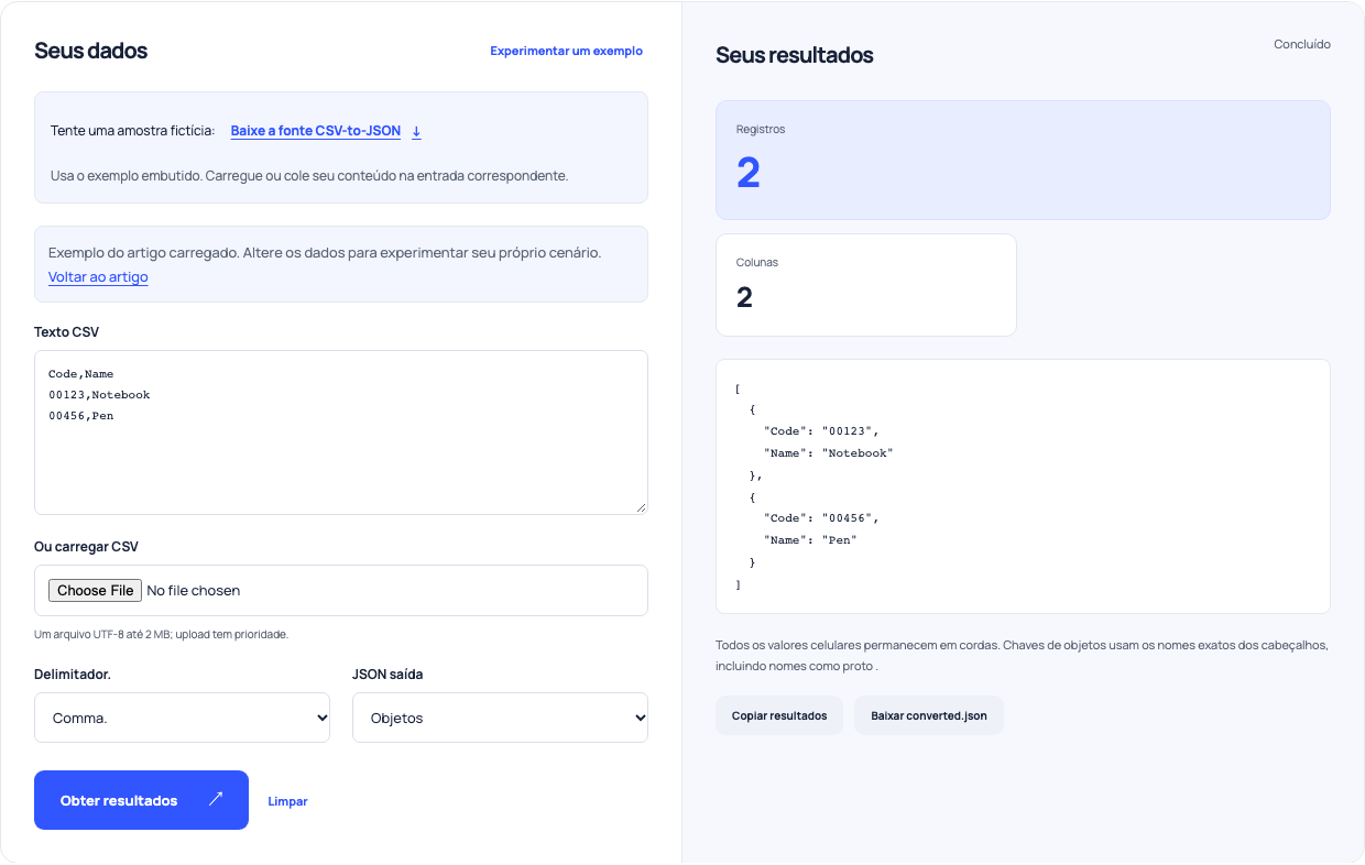 Conversor CSV-A-JSON mostrando dois registros de produtos com identificadores de chumbo zero citados.