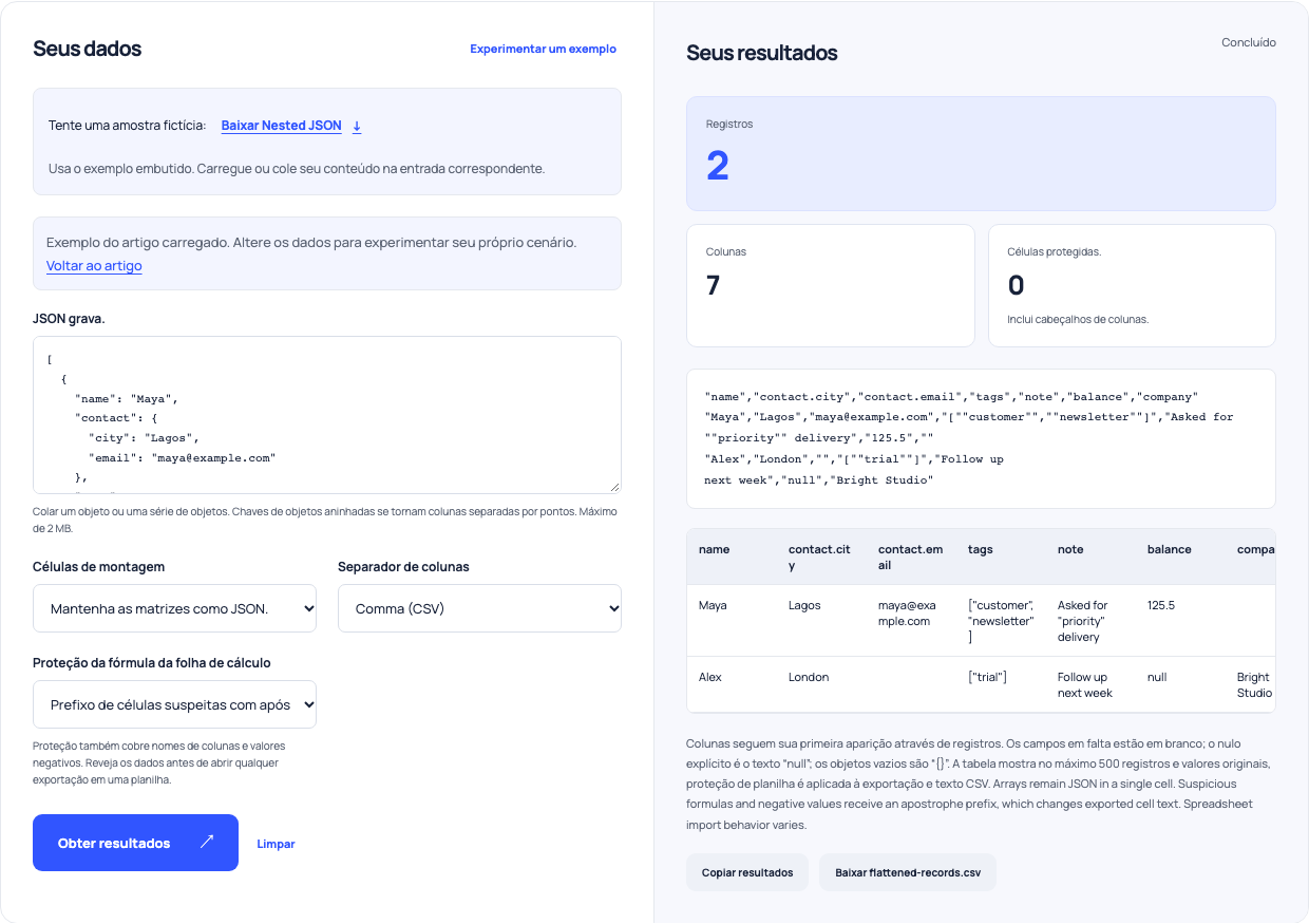 Aplainador JSON-para-CSV mostrando colunas de contato e matrizes serializadas.