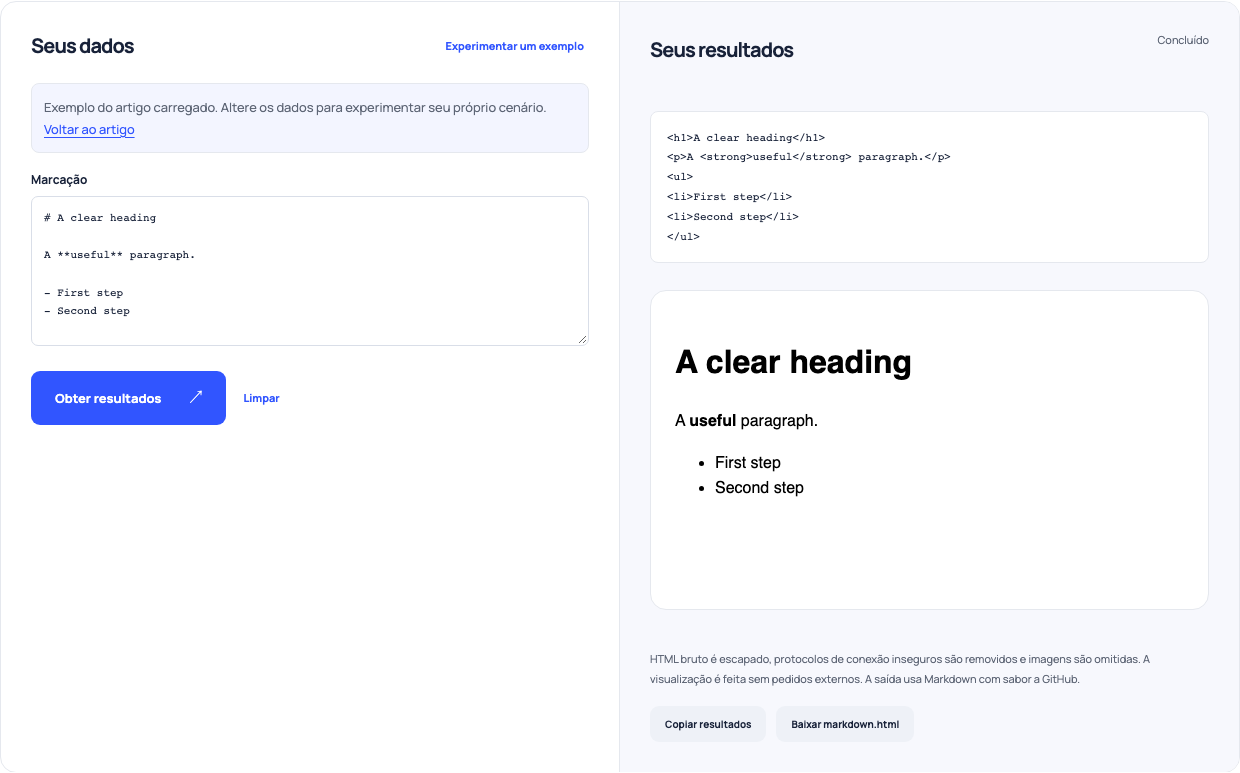 Conversor Markdown mostrando fonte, HTML gerado e uma caixa de areia renderizada cabeçalho, parágrafo e lista.