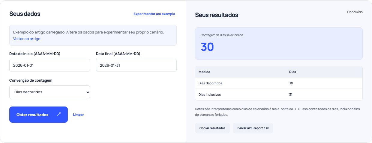 Calculadora de intervalo de data mostrando de 1 a 31 de janeiro como 30 dias decorridos e 31 dias inclusive.
