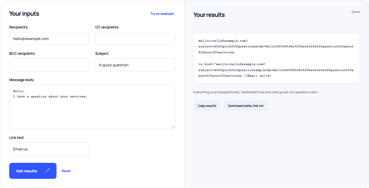 Mailto builder showing a fictional recipient, encoded subject and two-line draft body.