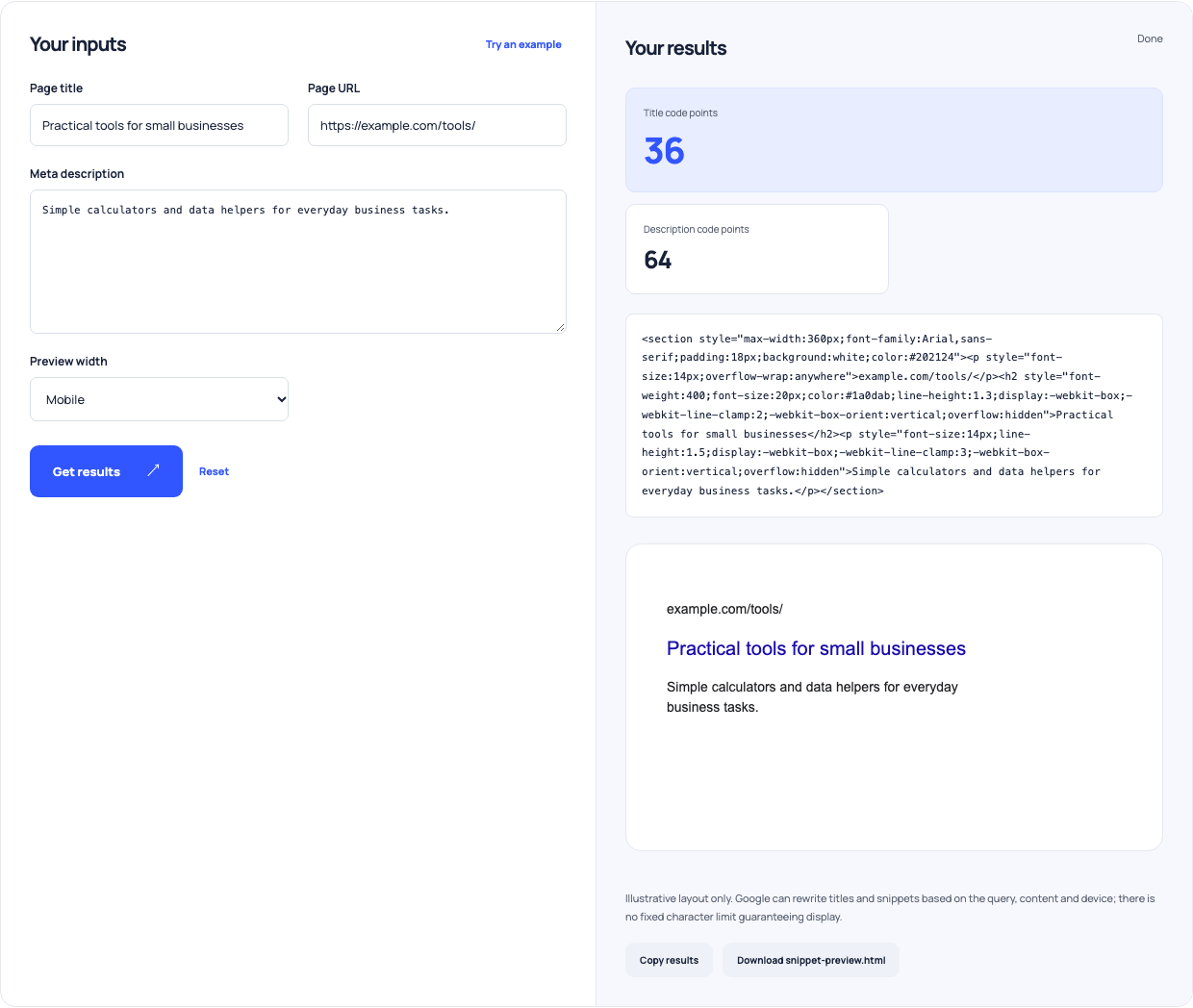 Illustrative mobile search snippet using a fictional tools page title, URL and description.