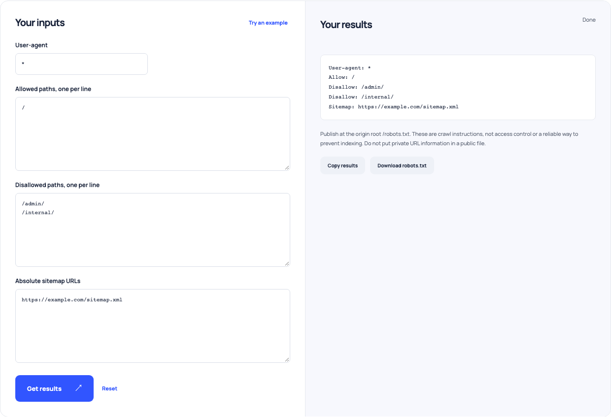 Robots generator with one wildcard group, two disallowed paths and a sitemap declaration.