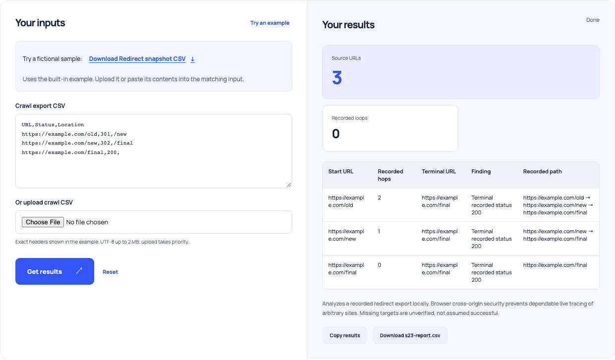 Redirect snapshot checker tracing a fictional 301 then 302 chain to a recorded 200 response.