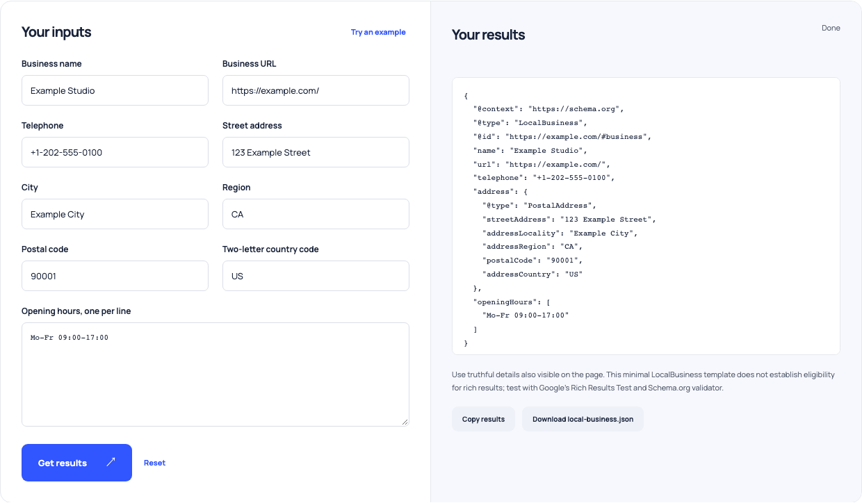 LocalBusiness generator creating a fictional business object with a PostalAddress and weekday hours.