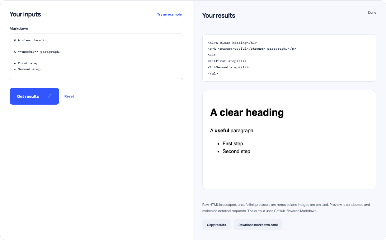 Markdown converter showing source, generated HTML and a sandboxed rendered heading, paragraph and list.